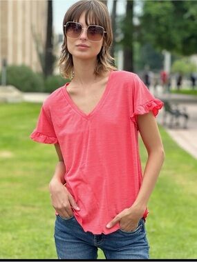 BILLY T v-neck Melon/ Ruffled T-Shirt / NWT / Ptp-19” $88